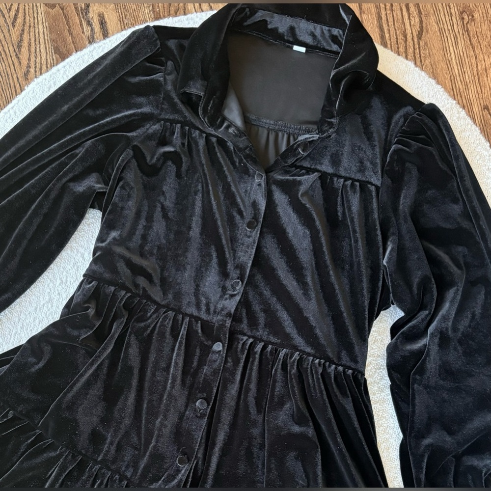 NWOT Black Boutique Smock Dress Crushed Black Velvet Sz Small Button Down V-Neck - Picture 9 of 10